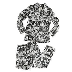 Woodstock Laundry Cotton Long Pajama Set in Black Mono Safari on White Sz Small